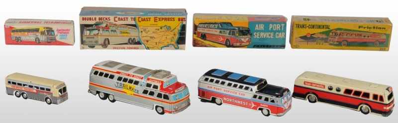 Appraisal: Lot of Tin Litho Bus Friction Toys Description Japanese Working