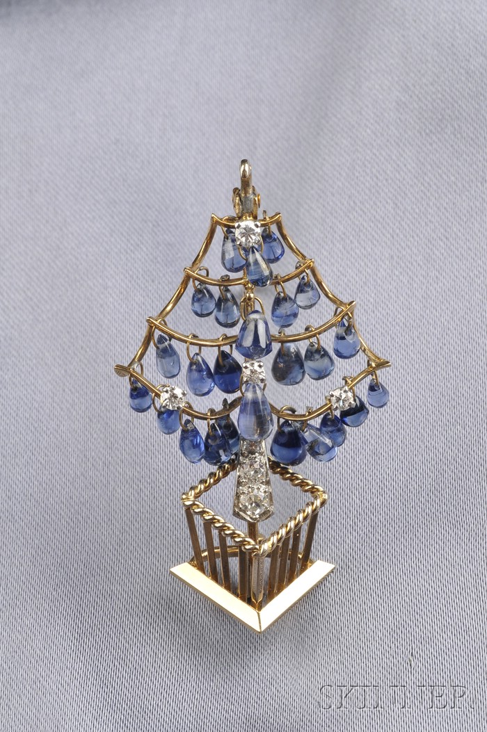 Appraisal: kt Gold Sapphire and Diamond Brooch France designed as a