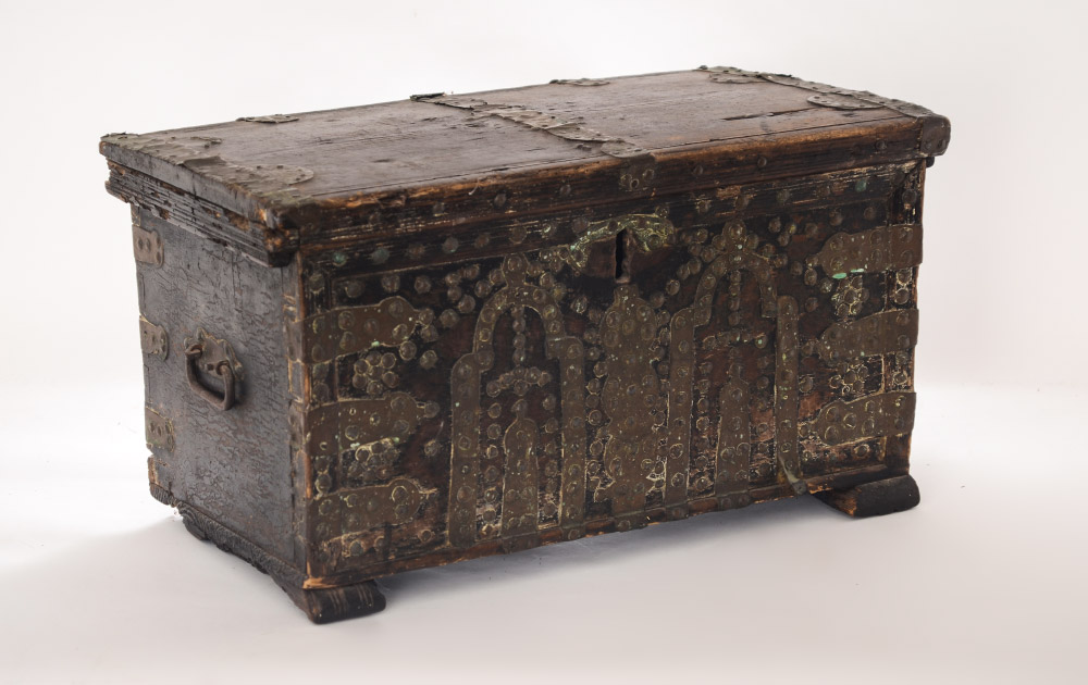 Appraisal: EARLY PERSIAN BRASS MOUNTED STORAGE CHEST Brass decorated with straps