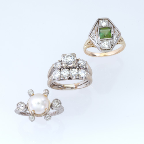 Appraisal: Three rings with diamonds fused k wg wedding set pearl