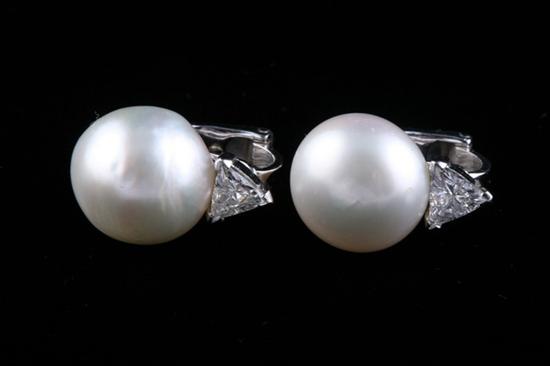 Appraisal: PAIR K WHITE GOLD DIAMOND AND SOUTH SEA PEARL EARRINGS