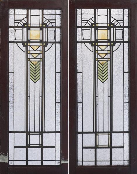 Appraisal: PRAIRIE SCHOOL Pair of leaded-glass windows with textured and colored