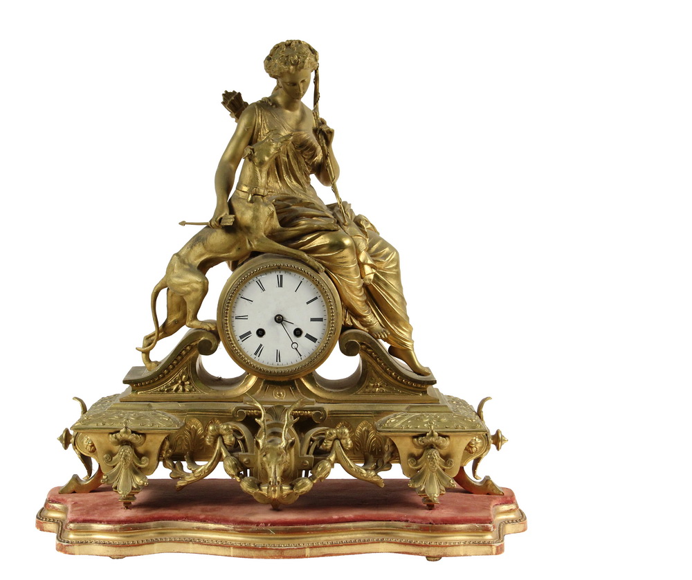 Appraisal: FRENCH GILT MANTEL CLOCK - Diana the Huntress and Her