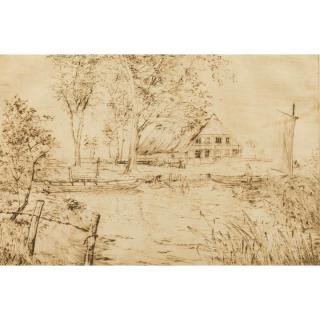 Appraisal: Pond Scene Etching Framed etching of a boat in a