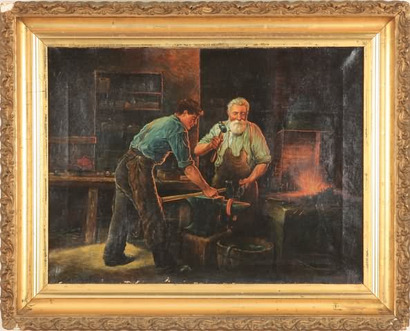 Appraisal: Blacksmith shop oil on canvas x SLR S