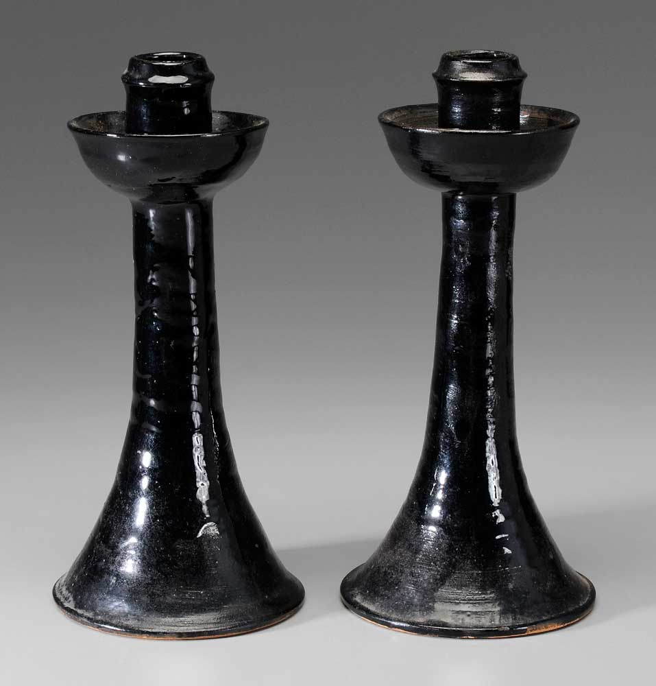 Appraisal: Pair Jugtown Candlesticks North Carolina mid th century black glaze