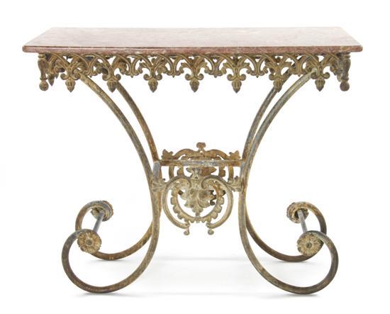 Appraisal: French Iron and Marble Pastry Table having a rectangular rouge