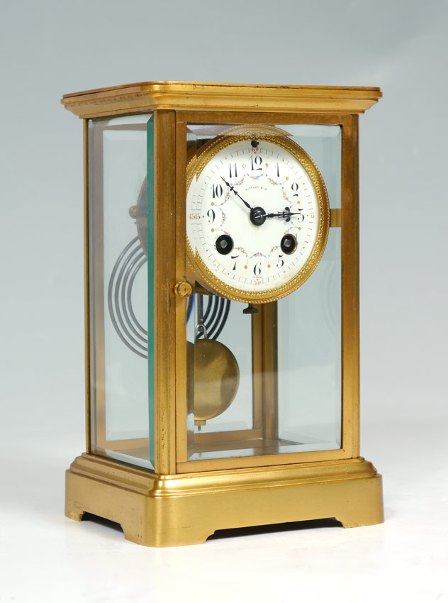 Appraisal: TIFFANY CO FRENCH CRYSTAL REGULATOR CLOCK Brass case with beveled