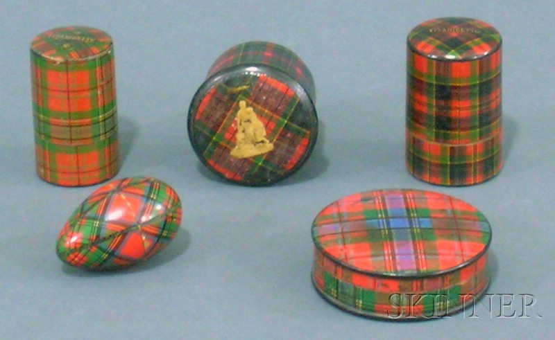 Appraisal: Five Small Victorian Tartanware Boxes late th century a round