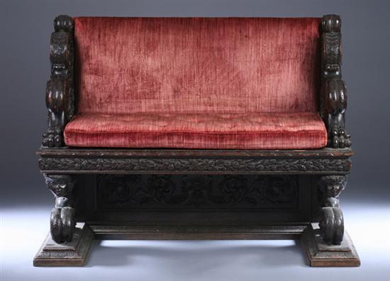 Appraisal: ITALIAN RENAISSANCE REVIVAL CARVED OAK UPHOLSTERED BENCH Rectangular plank seat