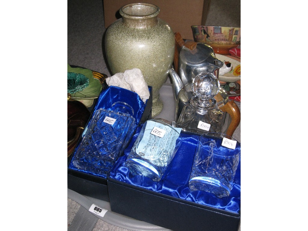 Appraisal: Tray lot of assorted items to include crystal decanters etc