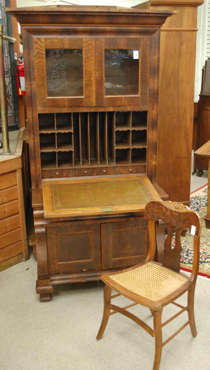 Appraisal: EMPIRE FALL-FRONT SECRETARY BOOKCASE ON CABINET WITH CHAIR American Late