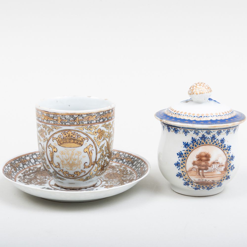 Appraisal: Chinese Export Porcelain Coffee Cup and Saucer and a Pot-de-Creme