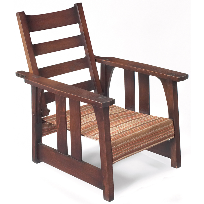 Appraisal: Early Gustav Stickley Morris chair two vertical slats at sides