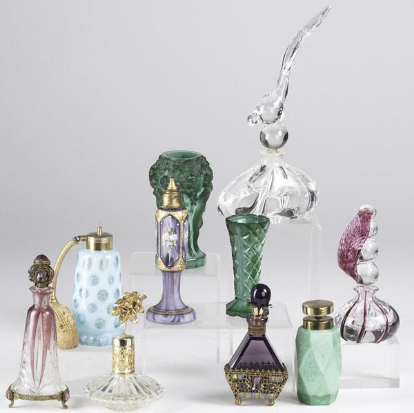 Appraisal: PERFUME BOTTLE GROUPING Ten pieces include Czech and Austrian cranberry