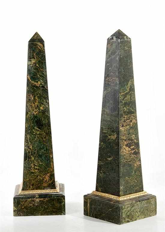 Appraisal: Pair of marble and brass obelisks green-veined marble obelisk with