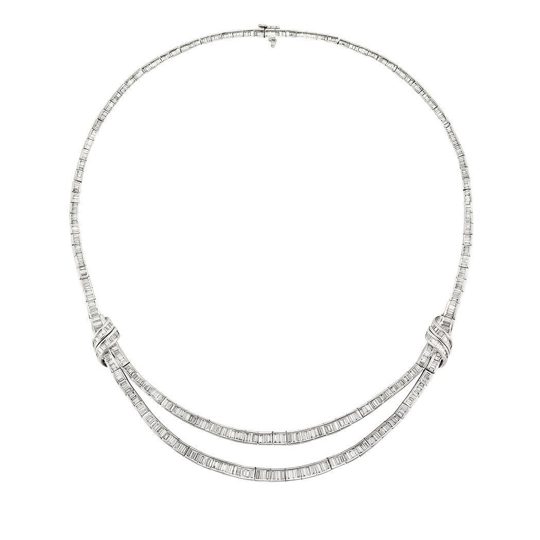 Appraisal: Platinum and Diamond Necklace Centering a double strand terminating in