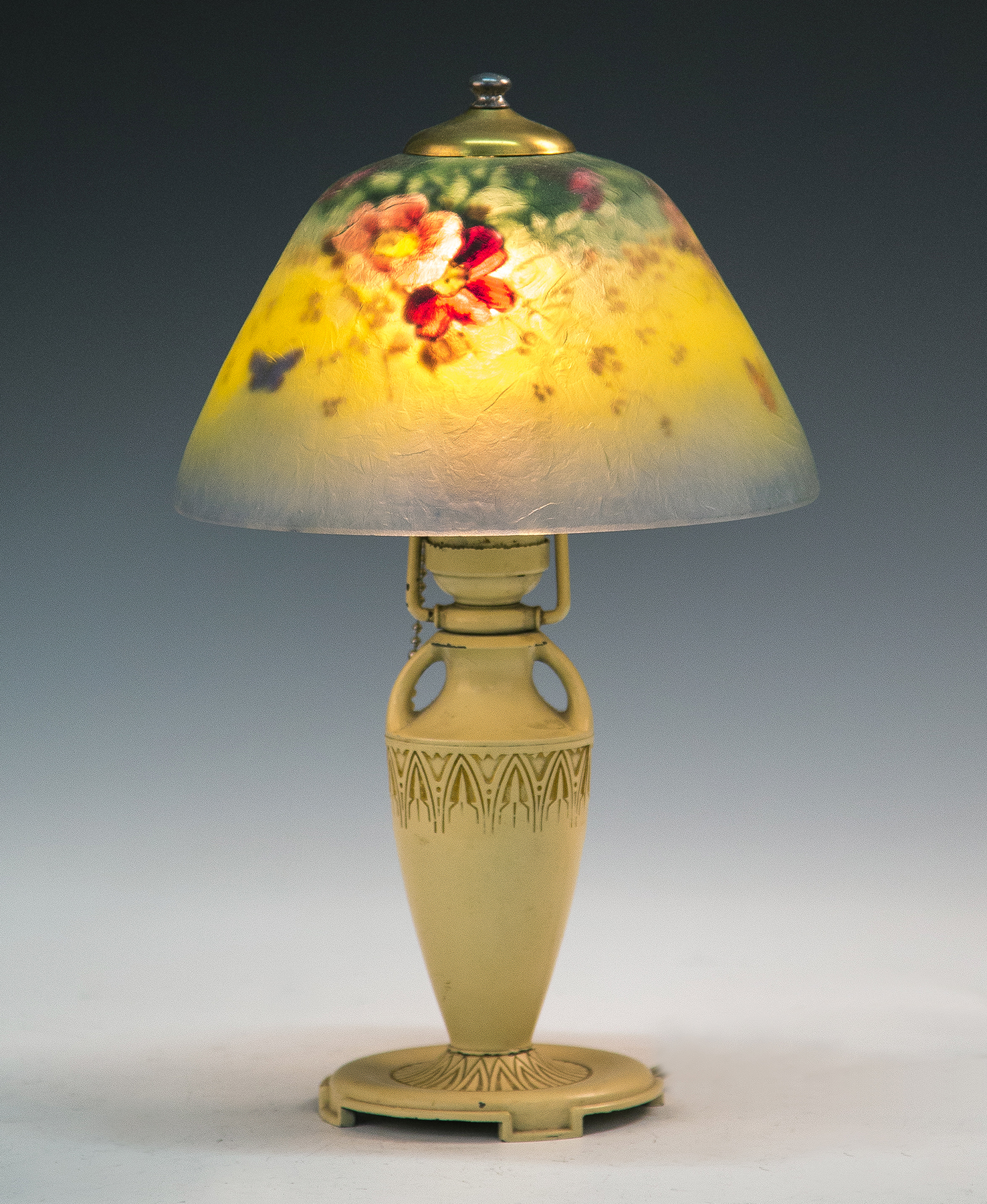 Appraisal: Moe Bridges Boudoir Lamp with Butterflies and Flowers Early th