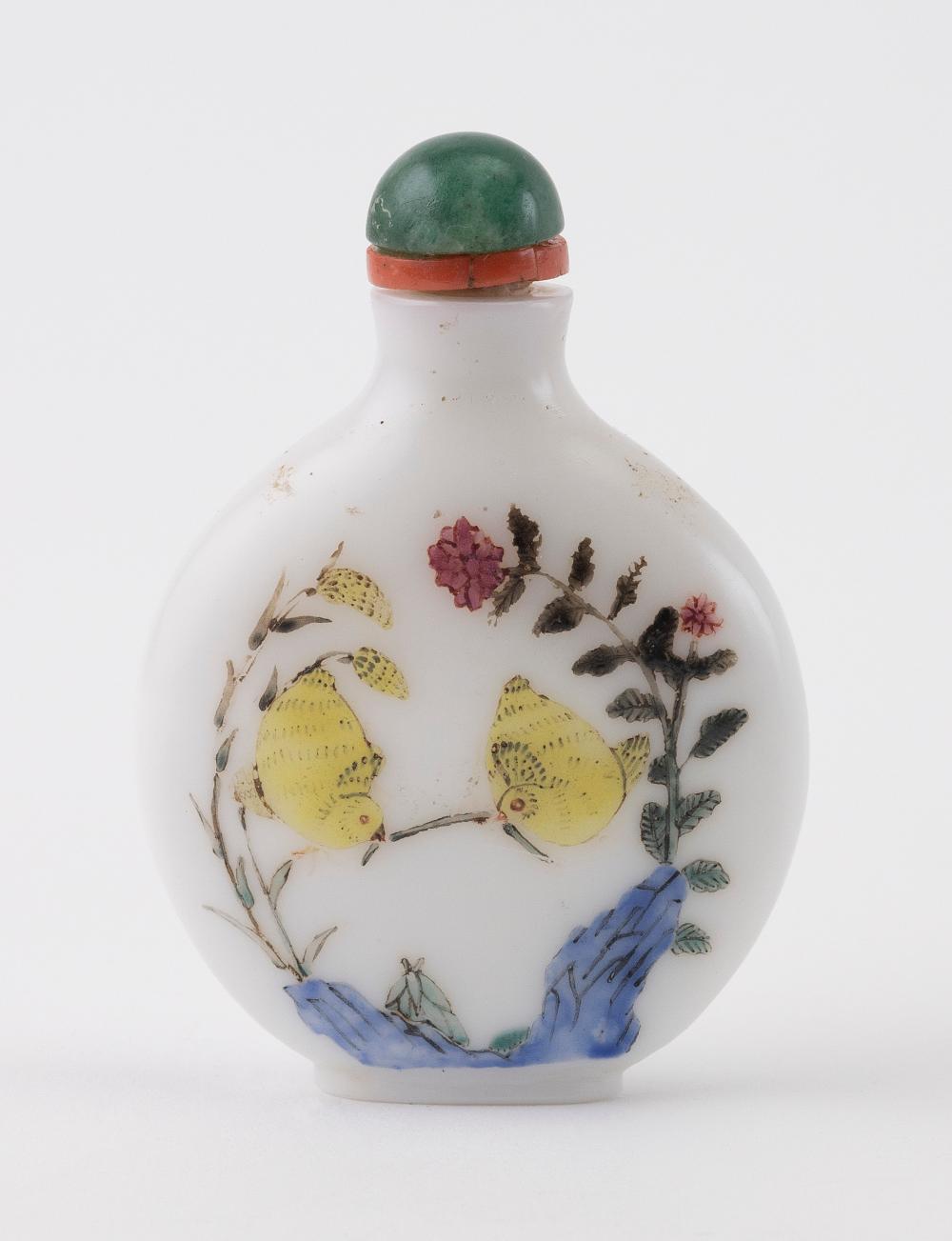 Appraisal: CHINESE ENAMEL ON MILK GLASS SNUFF BOTTLE TH CENTURY HEIGHT