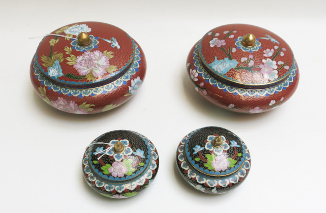 Appraisal: TWO PAIRS CHINESE CLOISONNE COVERED BOWLS each squat form ring