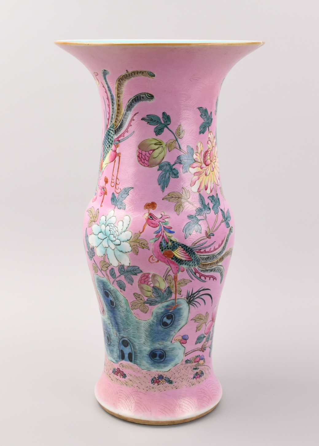 Appraisal: CHINESE TEXTURED PINK PHOENIX TAIL VASE TH C A large