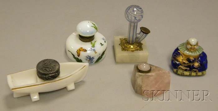 Appraisal: Four Victorian Art Glass and Figural Inkwells and a Pink