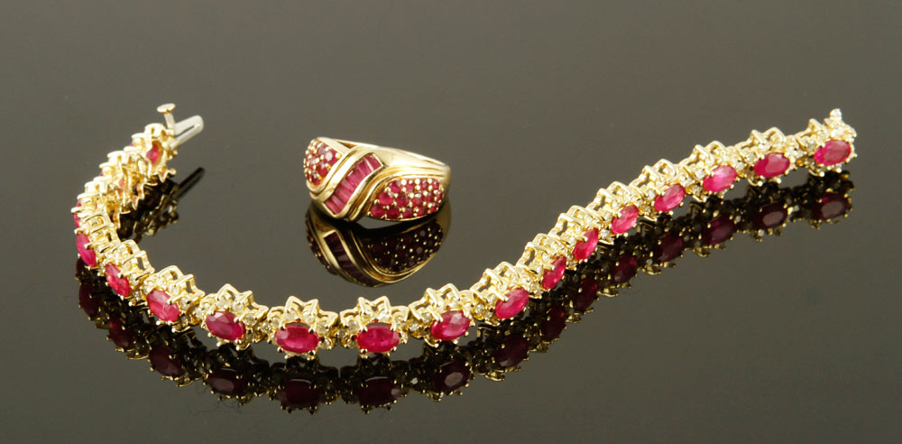 Appraisal: - K Gold Diamond and Ruby Bracelet and Ring K