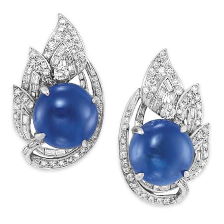 Appraisal: Pair of Cabochon Sapphire and Diamond Earclips Estimate -