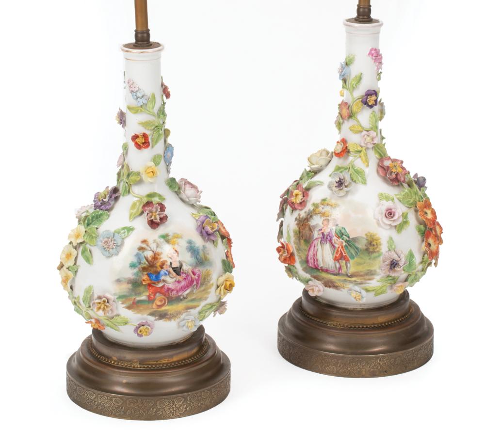 Appraisal: Pair of German Polychrome Porcelain Bottle Vases th c reserved