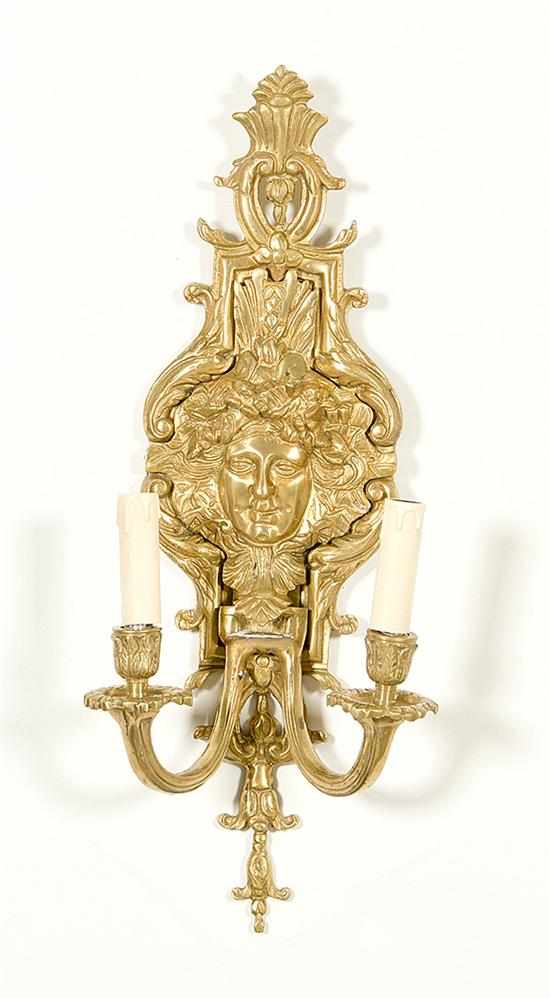 Appraisal: Set of six French style gilt-bronze two-light sconces ornate backplate