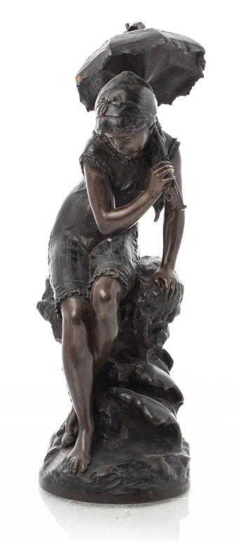 Appraisal: MATHURIN MOREAU GIRL WITH UMBRELLA BRONZE Mathurin Moreau French -