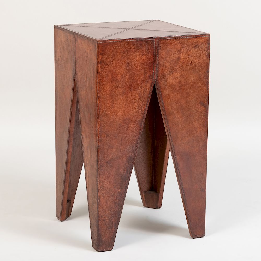 Appraisal: Leather Mounted Side Table of Recent Manufacture x x in