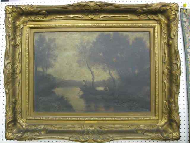 Appraisal: Peter E Rudell Oil Boaters At Dusk Corot style image