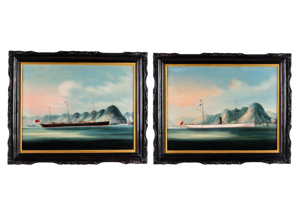 Appraisal: TWO CHINESE EXPORT PAINTINGS SHIPS IN HONG KONG HARBOReach oil