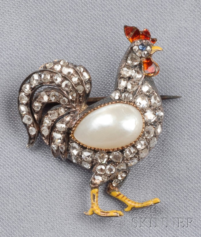 Appraisal: Antique Pearl Diamond and Enamel Hen Brooch centering an egg-shape