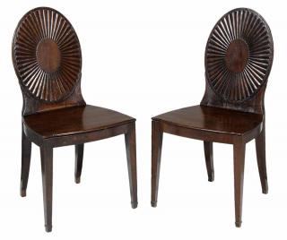 Appraisal: Pair Georgian Carved Mahogany Hall Chairs British th century mahogany