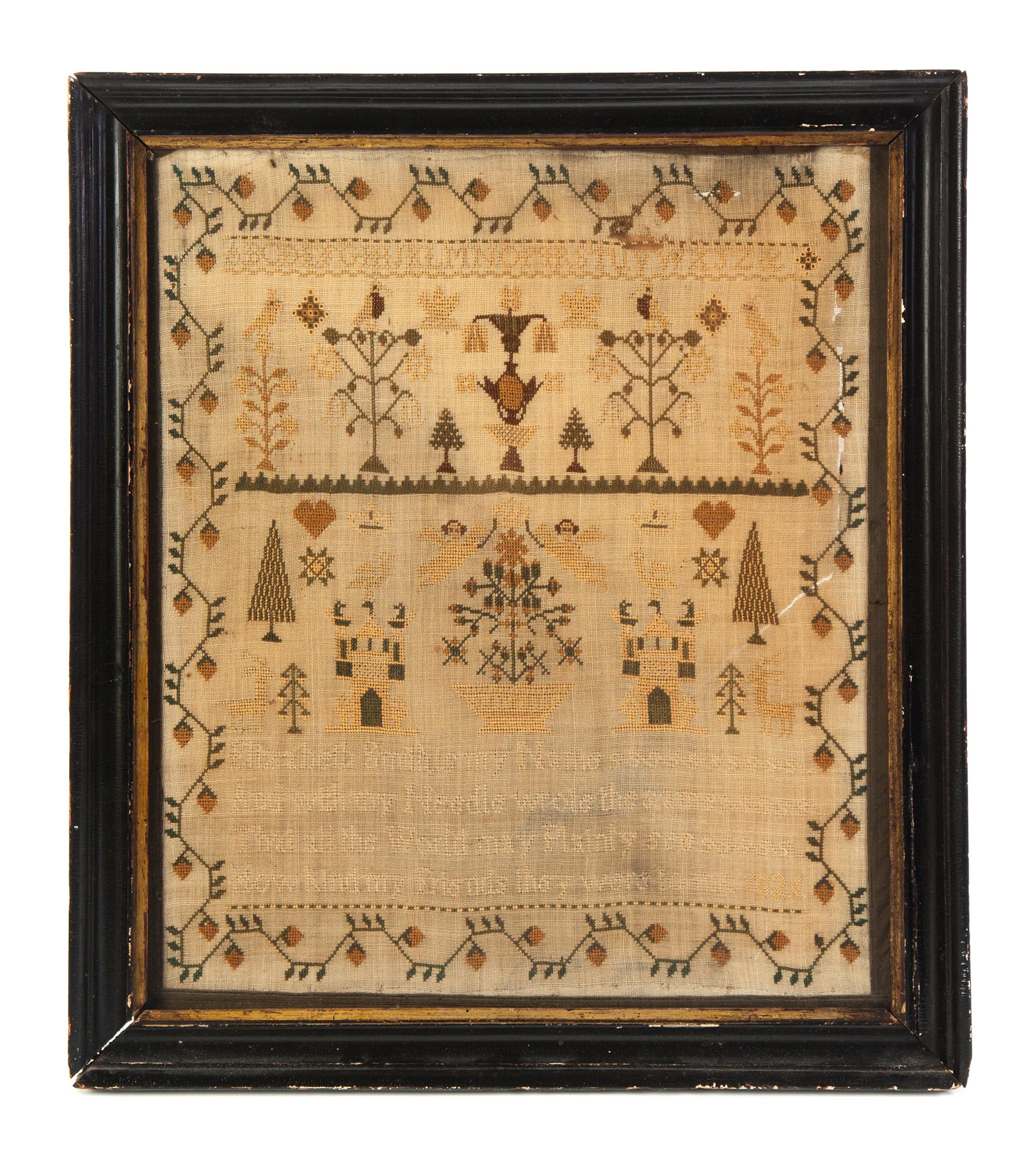 Appraisal: SAMPLER Probably England dated silk on linen Paired motifs in