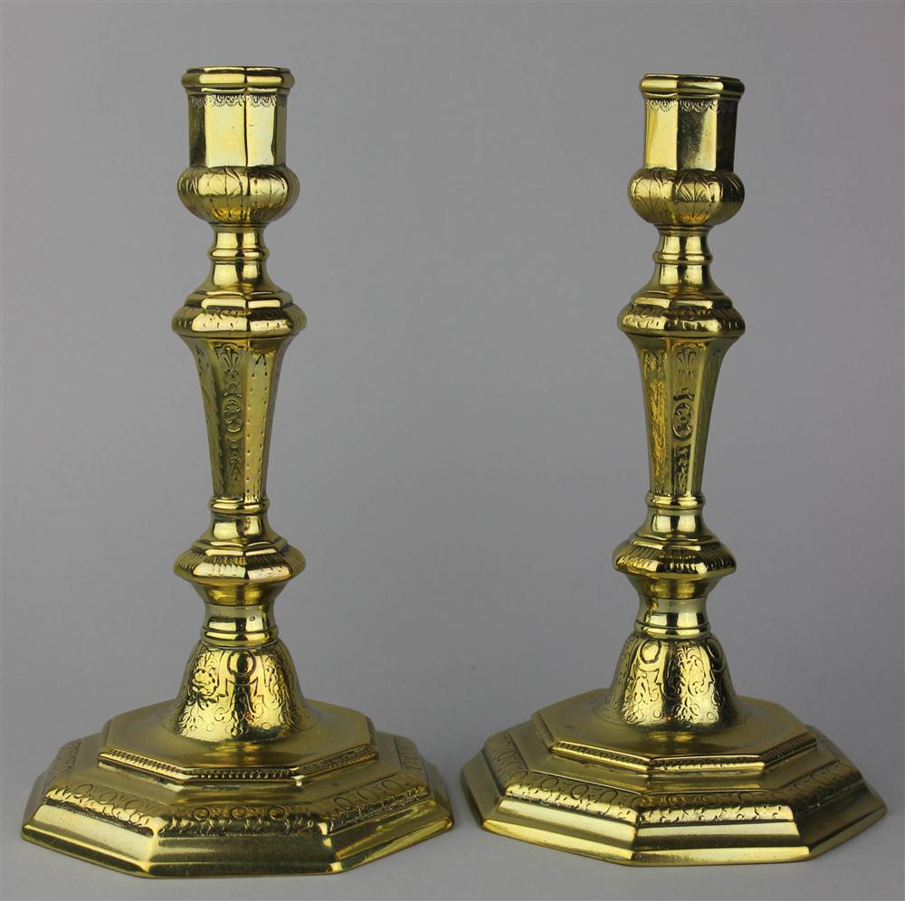 Appraisal: PAIR OF BRASS CANDLESTICKS ON OCTAGONAL BASES perhaps Dutch early