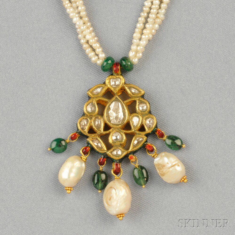 Appraisal: High-karat Gold Enamel and Diamond Pendant India set with foil-back