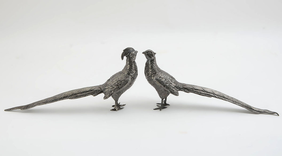 Appraisal: PAIR WEIDLICH BROTHERS SILVERPLATE TABLE PHEASANTS Marked with W B