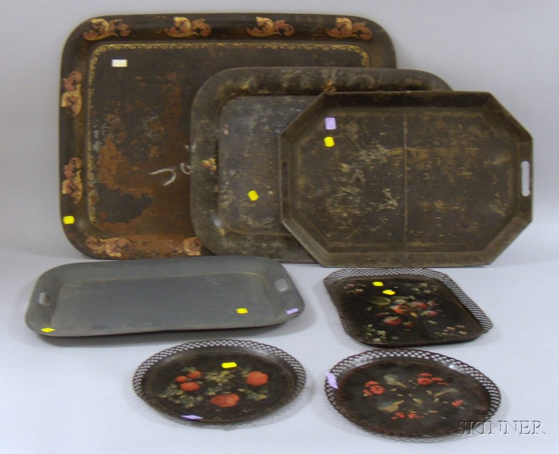 Appraisal: Seven Painted Tin Trays including three lace edge with floral