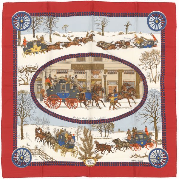 Appraisal: HERMES SILK TWILL SCARF L'HIVER EN POSTE DESIGNED BY PHILIPPE