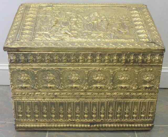 Appraisal: Dutch Slant and Lift Top Brass Repousse Wood Box From