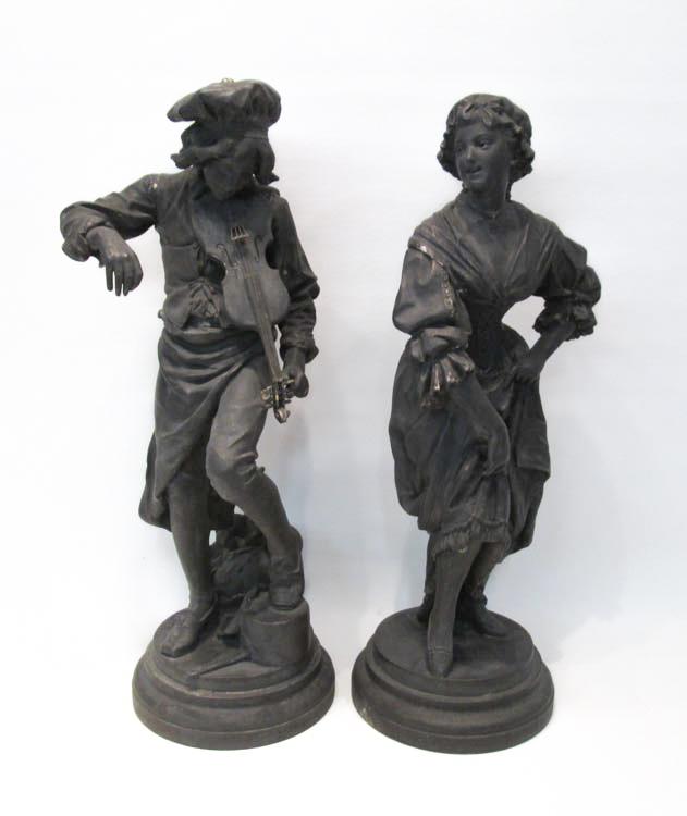 Appraisal: PAIR OF FIGURAL SPELTER SCULPTURES depicting a young male violinist