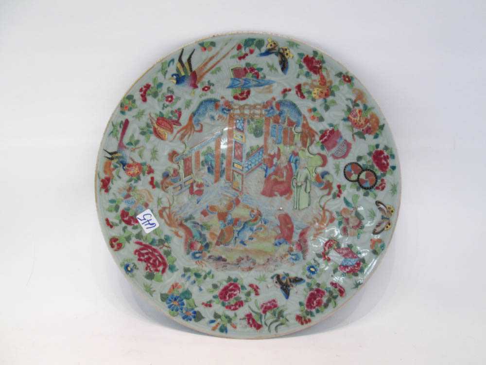 Appraisal: CHINESE HAND PAINTED CELADON PORCELAIN CHARGER having a scene of