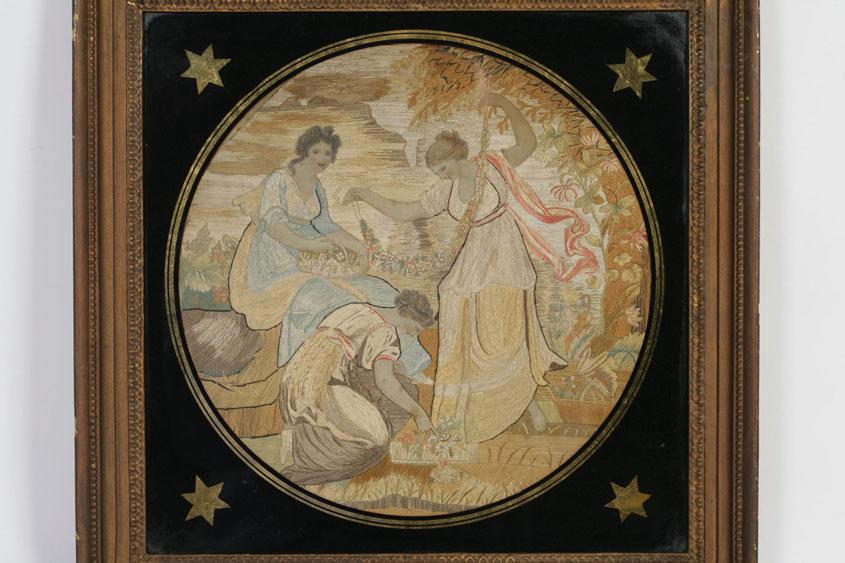 Appraisal: A REGENCY SILKWORK PICTURE of three ladies with garlands of