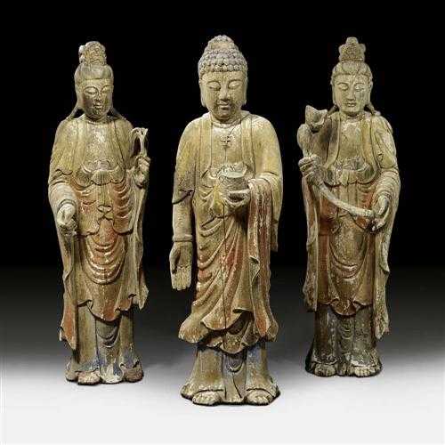 Appraisal: BUDDIST TRIAS China Kangxi-period H cm Wood with remains of