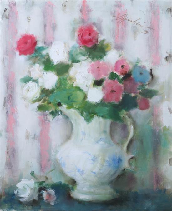 Appraisal: SAMUEL E OPPENHEIM American - PINK AND WHITE ROSES IN