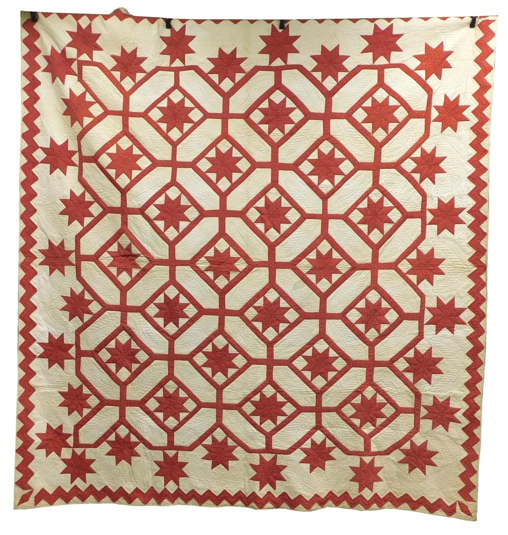 Appraisal: TEXTILES Quilt red and white star with garden maze sashing