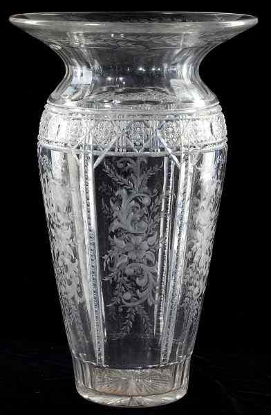 Appraisal: Large English Cut and Wheel Engraved Glass Vasebaluster form with